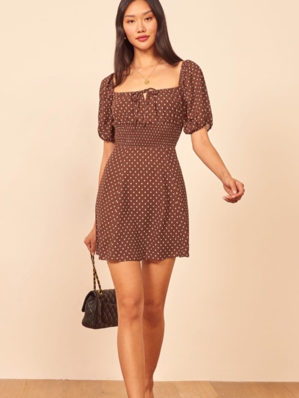NWT Reformation Jo Brown Polka Dot Smocked Mini Dress